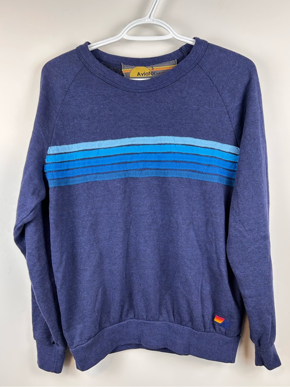 Aviator Nation Crewneck Sweatshirt Small Blue Rainbow Stripe Made USA